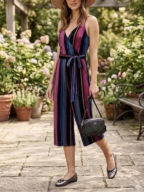 Primark Multicolor Striped V-Neck Tie-Waist Jumpsuit